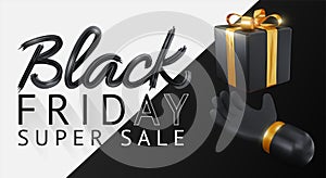 Black Friday Super Sale. hand and Realistic black gift boxes with golden bow. black and white background gold lettering