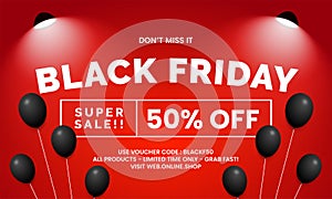 Black friday super sale online shop banner promotion template design with balloons and spotlight lamp vector illustration