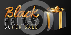 Black Friday Super Sale. Realistic black gift boxes with golden bow. Dark background gold lettering text. vector