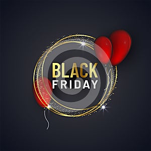 Black Friday text in golden circular frame decorated red balloon