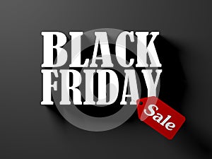 Black friday text with red sale tag isolated on black background