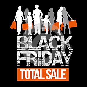 Black Friday total sales. People with shopping bags silhouettes.