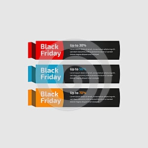Black Friday up to 30%, 50%, 70%. Banner Design for the sale with red, blue, and yellow colors. Vector illustration. Set of