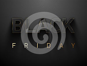 Black Friday vector banner. Glossy black volume text thin golden frame on dark gray finely patterned texture background. Glass