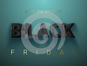 Black Friday vector banner. Glossy black volume text thin golden frame on turquoise finely patterned texture background. Glass