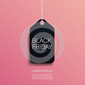Black Friday vector banner or poster with modern dark 3D geometry design and price tag symbol. Discount, special offers