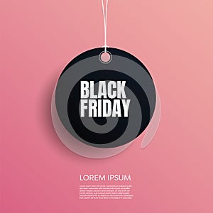 Black Friday vector banner or poster with modern dark 3D geometry design and price tag symbol. Discount, special offers