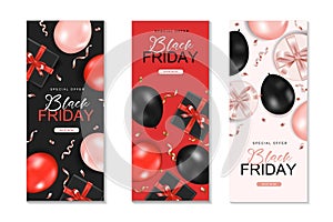 Black friday vertical sale banner with realistic glossy balloons set, gift box and ribbon text on background. Vector