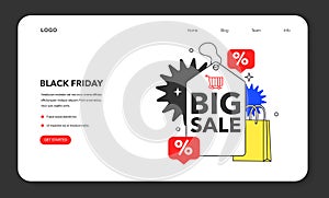 Black friday web banner or landing page. Shopping cart and bags with goods