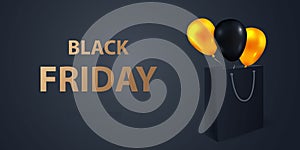 Black Friday website banner. Horizontal poster with 3d realistic paper shopping bag and balloons. Minimal template for