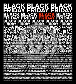 Black friday black and white background composed of big amount of decreased words photo