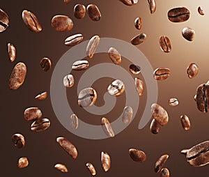 Black fried coffee beans falling down, 3d rendering
