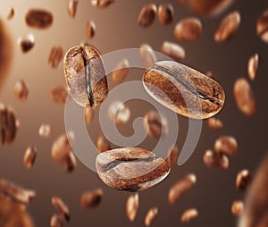 Black fried coffee beans falling down, 3d rendering