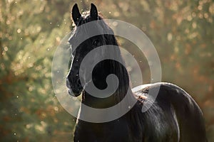 A black Friesian horse gallops in a meadow in autumn colors