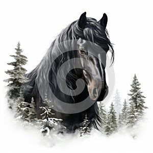 Black Friesian Horse In Snowy Forest: Realistic Landscape With Soft Edges