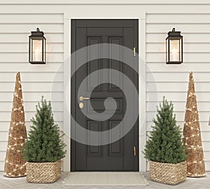 Black front door with the christmas decor. 3d render