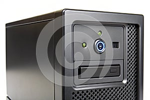 Black front panel of computer with power button on