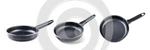 Black frying pan on a white isolated background