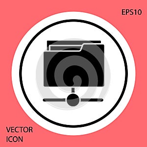 Black FTP folder icon isolated on red background. Software update, transfer protocol, router, teamwork tool management