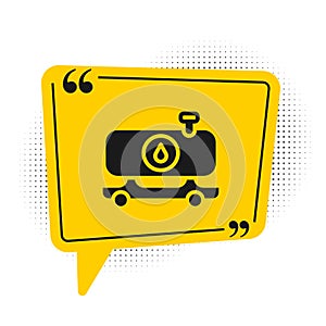 Black Fuel tanker truck icon isolated on white background. Gasoline tanker. Yellow speech bubble symbol. Vector