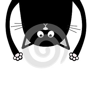 Black funny cat Head silhouette hanging upside down. Crazy eyes, teeth, tongue, hands. Cute cartoon character Baby collection. Hap