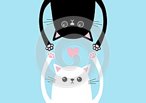 Black funny cat Head silhouette hanging upside down. White kitten hands up. Pink heart Love card. Eyes, paw print. Cute cartoon ch