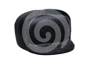 Black fur men`s hat on a white background.