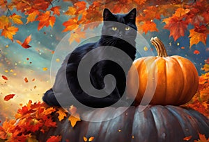 Black-furred domestic cat surrounded by pumpkins, AI-generated.