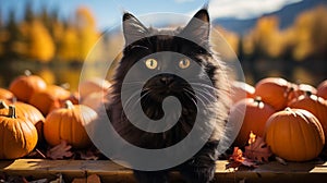 Black-furred domestic cat surrounded by pumpkins, AI-generated.