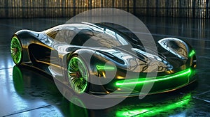 Black Future Electric Sport Car concept with some Green lights effects without any brand inside an empty Parking - AI Generated