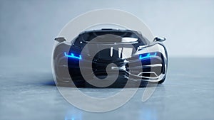 Black futuristic electric car with blue light. Concept of future. 3d rendering.