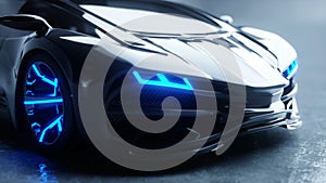 Black futuristic electric car with blue light. Concept of future. 3d rendering.