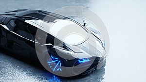 Black futuristic electric car with blue light. Concept of future. 3d rendering.