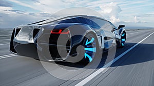 Black futuristic electric car on highway in desert. Very fast driving. Concept of future. 3d rendering.