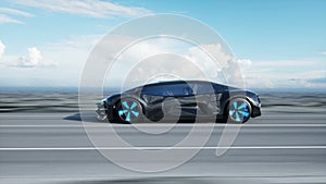 Black futuristic electric car on highway in desert. Very fast driving. Concept of future. Loopable. footage. Realistic