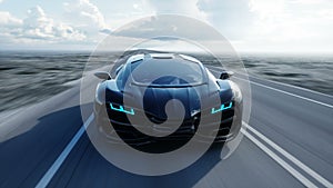 Black futuristic electric car on highway in desert. Very fast driving. Concept of future. Realistic 4k animation.