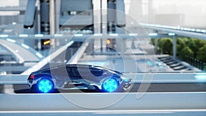 Black futuristic electric car very fast driving in sci fi sity, town. Concept of future. 3d rendering.