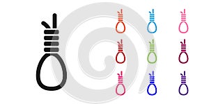 Black Gallows rope loop hanging icon isolated on white background. Rope tied into noose. Suicide, hanging or lynching