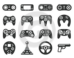 Black game console. Video games joystick, playing device. Isolated computer gadgets, controller and consoles silhouette