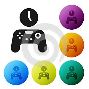 Black Gamepad of time icon isolated on white background. Time to play games. Game controller. Set icons in color circle