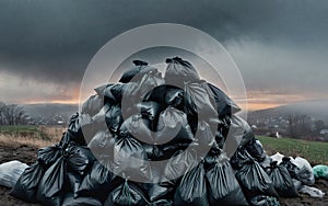 black garbage bags on the background of the city, collected garbage, environmental pollution