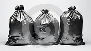 Black garbage bags stack or waste plastic bags isolated on white background, environment concept