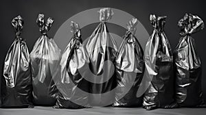 Black garbage bags stack or waste plastic bags isolated on white background, environment concept