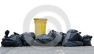 Black garbage bags on white background