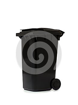 Black garbage bin on white background