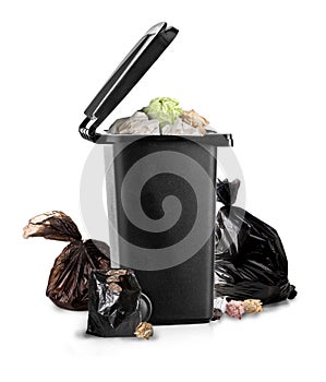 Black garbage bin on the white