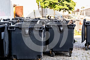 Black garbage bins in the city. Separate waste, preserve the environment concept. Segregate waste, sorting garbage in the town