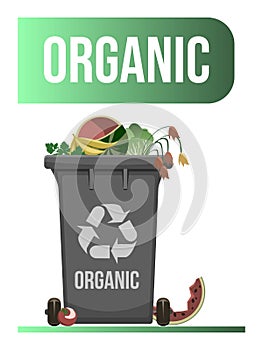 Black garbage container with separated organic waste. Waste management design template. Isolated on white background