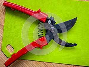 Black garden pruner with red handles