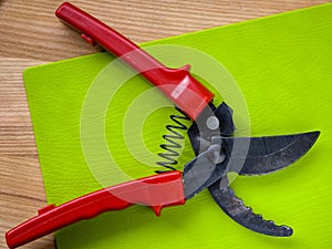 Black garden pruner with red handles